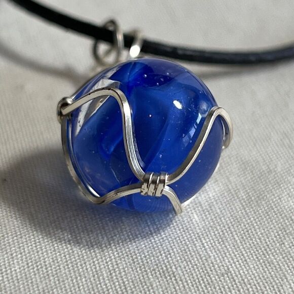 Silver Wired Blue Marble Necklace Hand Designed On A Black Adjustable Cord - Picture 5 of 6
